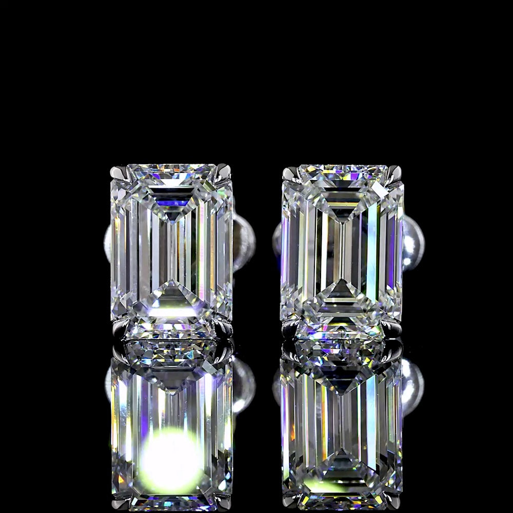 14K White Gold Emerald Cut Lab Diamond Stud Earrings - 3.07 Carat Total Weight, 1.55 Carats & 1.52 Carats Stones, E VVS2 Clarity, Four-Prong North-South Settings - Covaloro Fine Jewelry