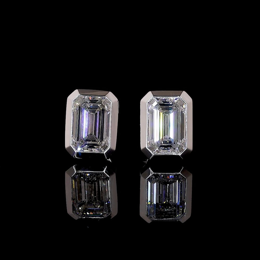 14K White Gold Emerald Cut Lab Diamond Stud Earrings - Bezel Set - 3.41 Carat Total Weight E VS1 GIA Certified - Covaloro Fine Jewelry