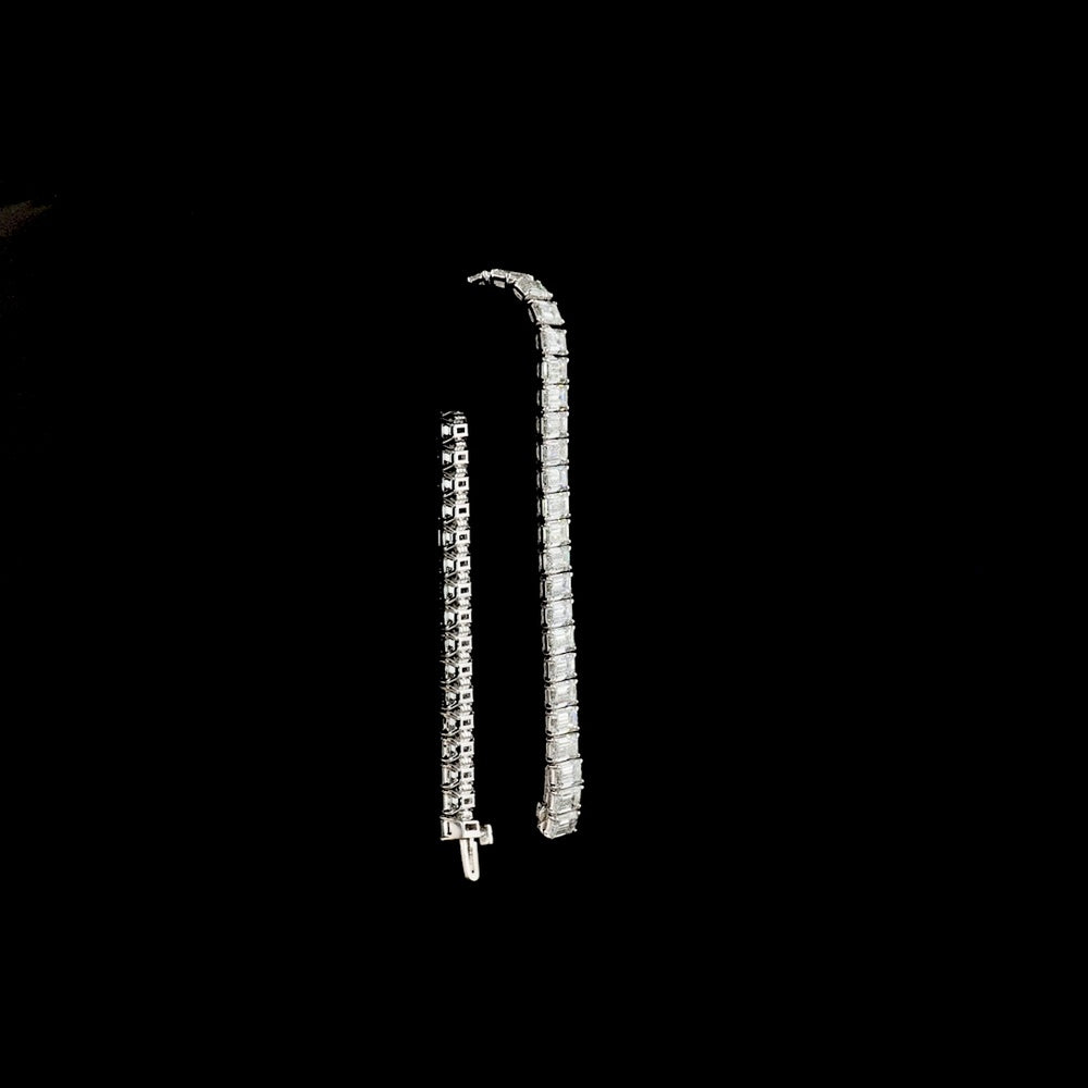 14K White Gold Emerald Cut Lab Diamond Tennis Bracelet - 44 Stones, 21.47 Carat Total Weight, E-F Color VS Clarity, North-South Prong Setting - Covaloro Fine Jewelry