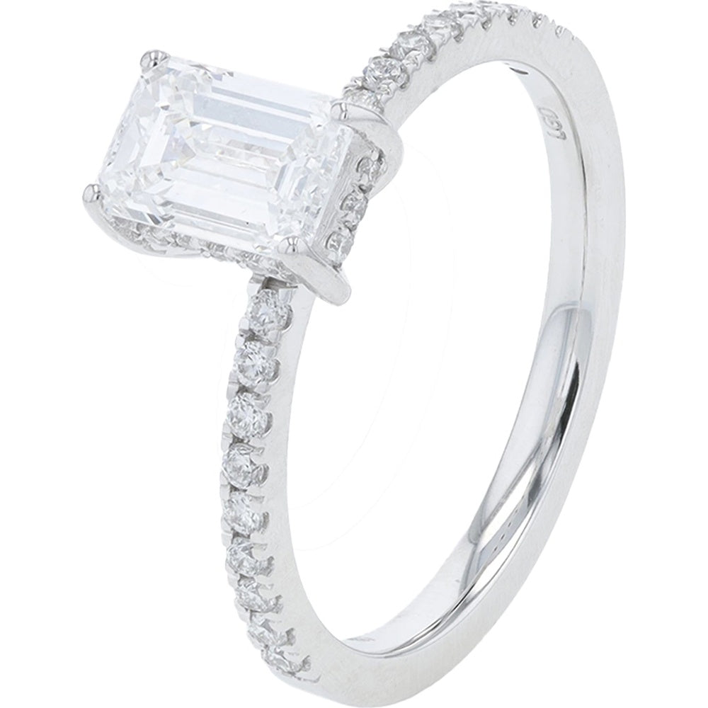 14K White Gold Emerald Cut Lab Grown Diamond Engagement Ring with Accented Band - 1.25 Carat Total Diamond Weight