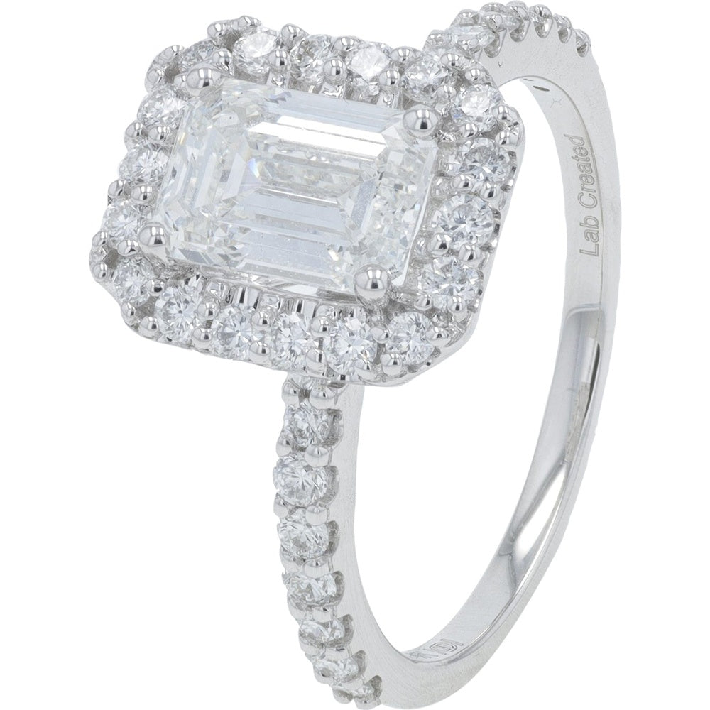 14K White Gold Emerald Cut Lab Grown Diamond Engagement Ring with Halo Setting - 2.00 Carat Total Diamond Weight