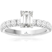 14K White Gold Emerald Cut Lab-Grown Diamond Engagement Ring with Round Brilliant Accented Band - 2.00 Carat Center Diamond Weight - Royal Jewelry