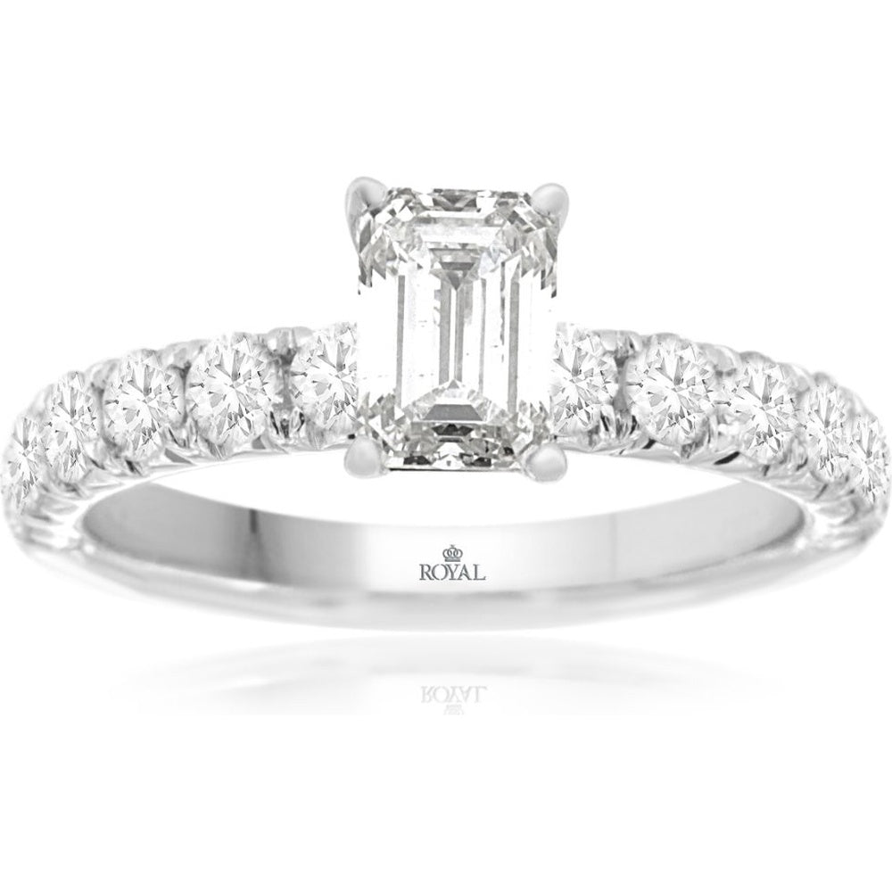 14K White Gold Emerald Cut Lab-Grown Diamond Engagement Ring with Round Brilliant Accented Band - 2.00 Carat Center Diamond Weight - Royal Jewelry