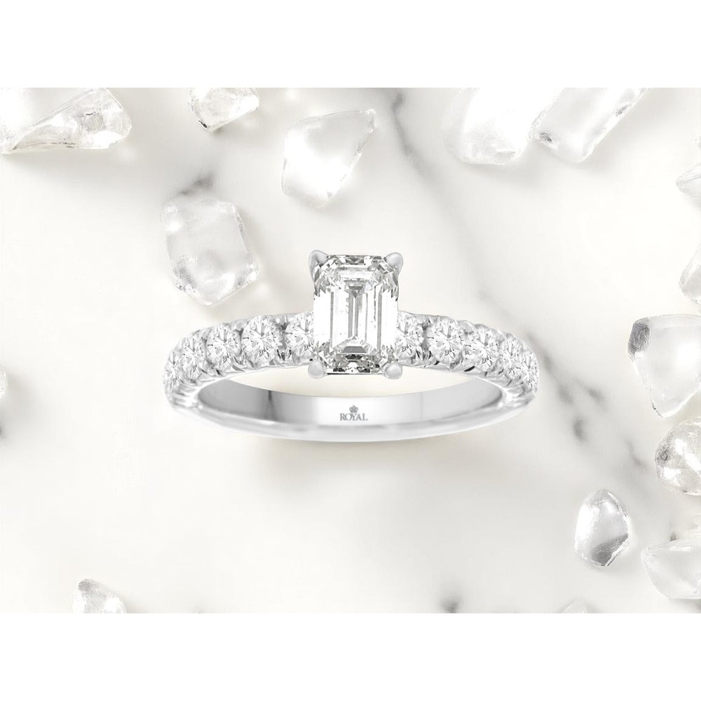 14K White Gold Emerald Cut Lab-Grown Diamond Engagement Ring with Round Brilliant Accented Band - 2.00 Carat Center Diamond Weight - Royal Jewelry