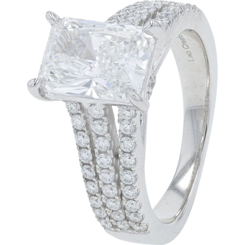 14K White Gold Emerald-Cut Lab Grown Diamond Engagement Ring with Triple Row Round Diamond Accents - 2.50 Carat Total Diamond Weight