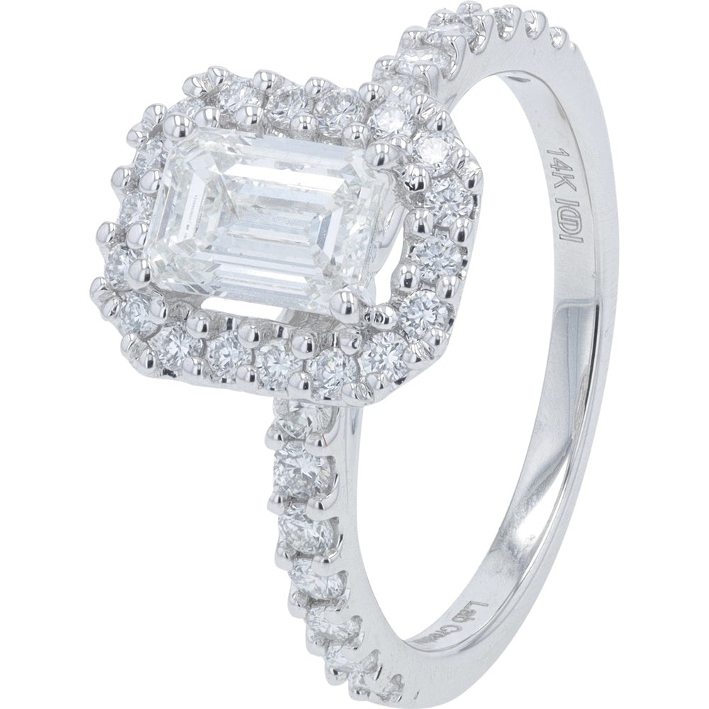 14K White Gold Emerald-Cut Lab Grown Diamond Halo Engagement Ring - 1.50 Carat Total Diamond Weight