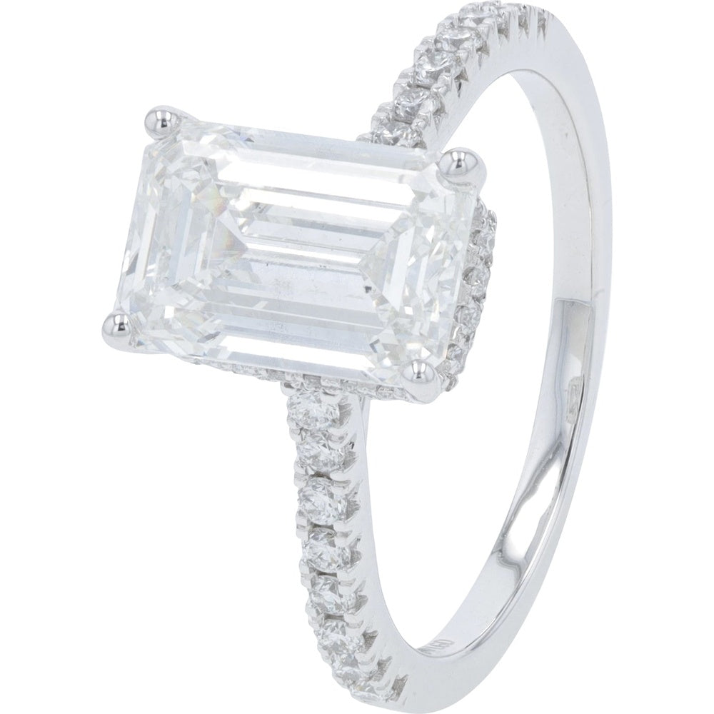 14K White Gold Emerald Cut Lab Grown Diamond Halo Engagement Ring with Pavé Band - 3.00 Carat Total Diamond Weight