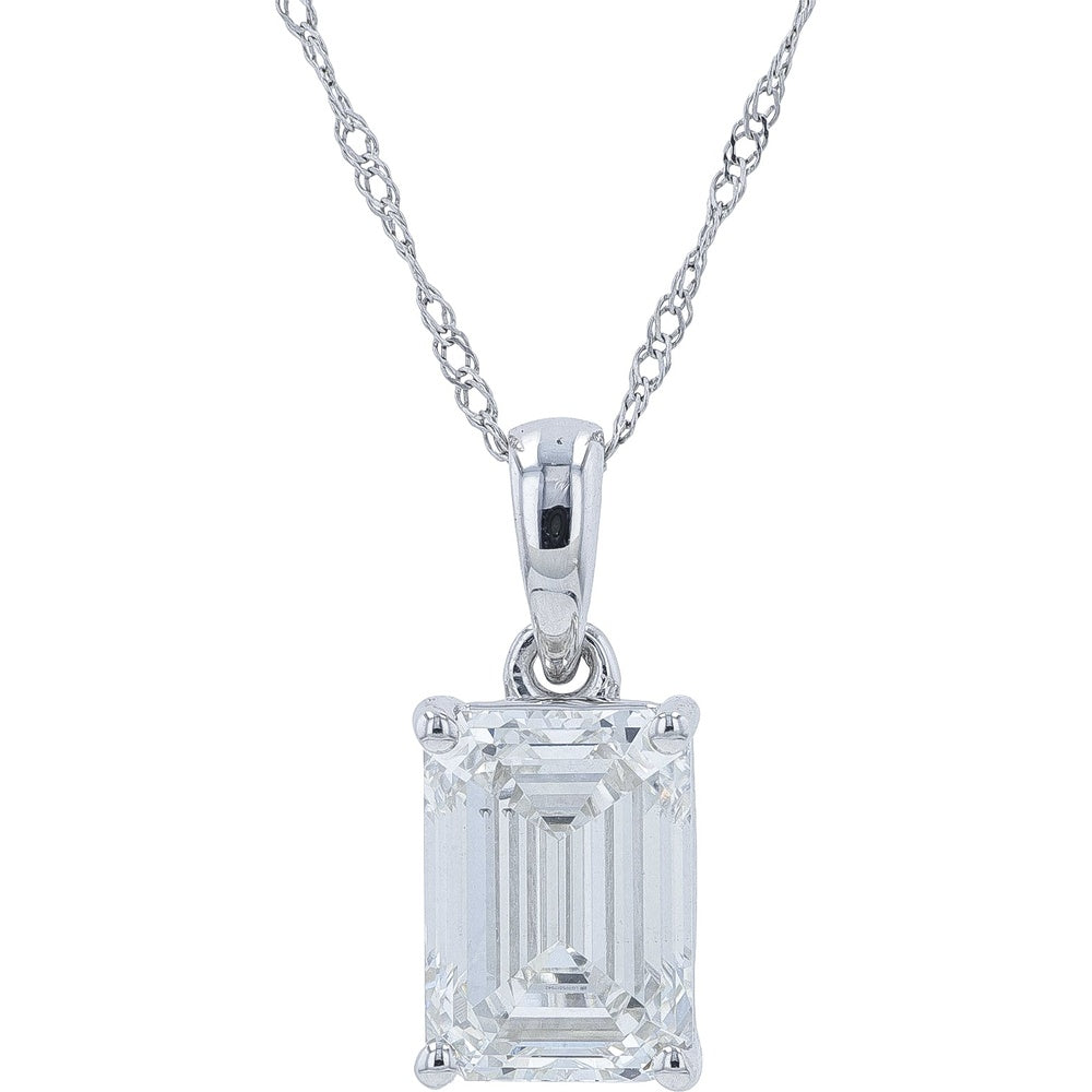 14K White Gold Emerald Cut Lab-Grown Diamond Solitaire Pendant with 4-Prong Setting - 2.50 Carat Total Diamond Weight