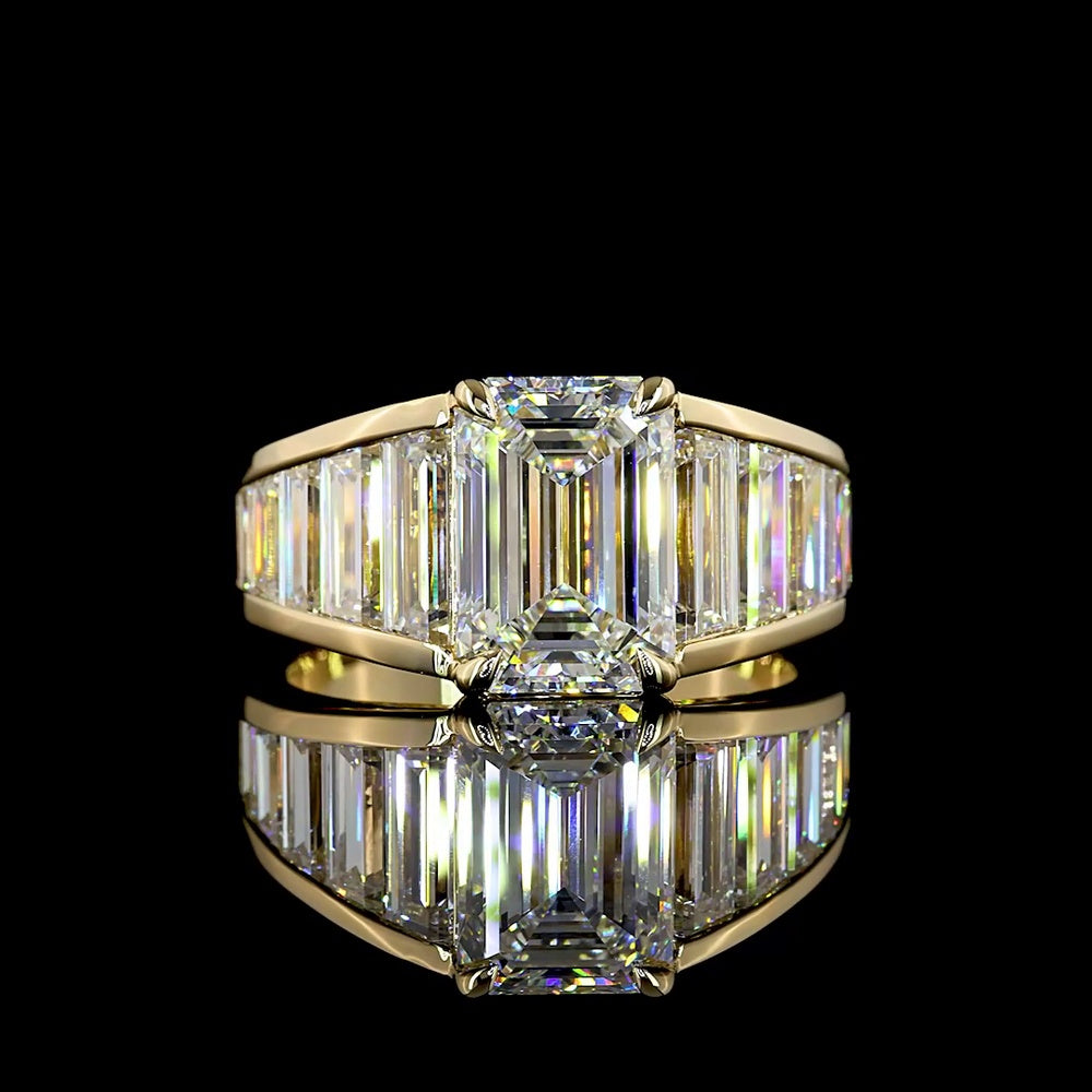 14K White Gold Emerald Cut North-South Ring with Baguette Diamond Accents - 5.82 Carats Total Diamond Weight (Lab Grown, IGI Certified) - Covaloro Fine Jewelry