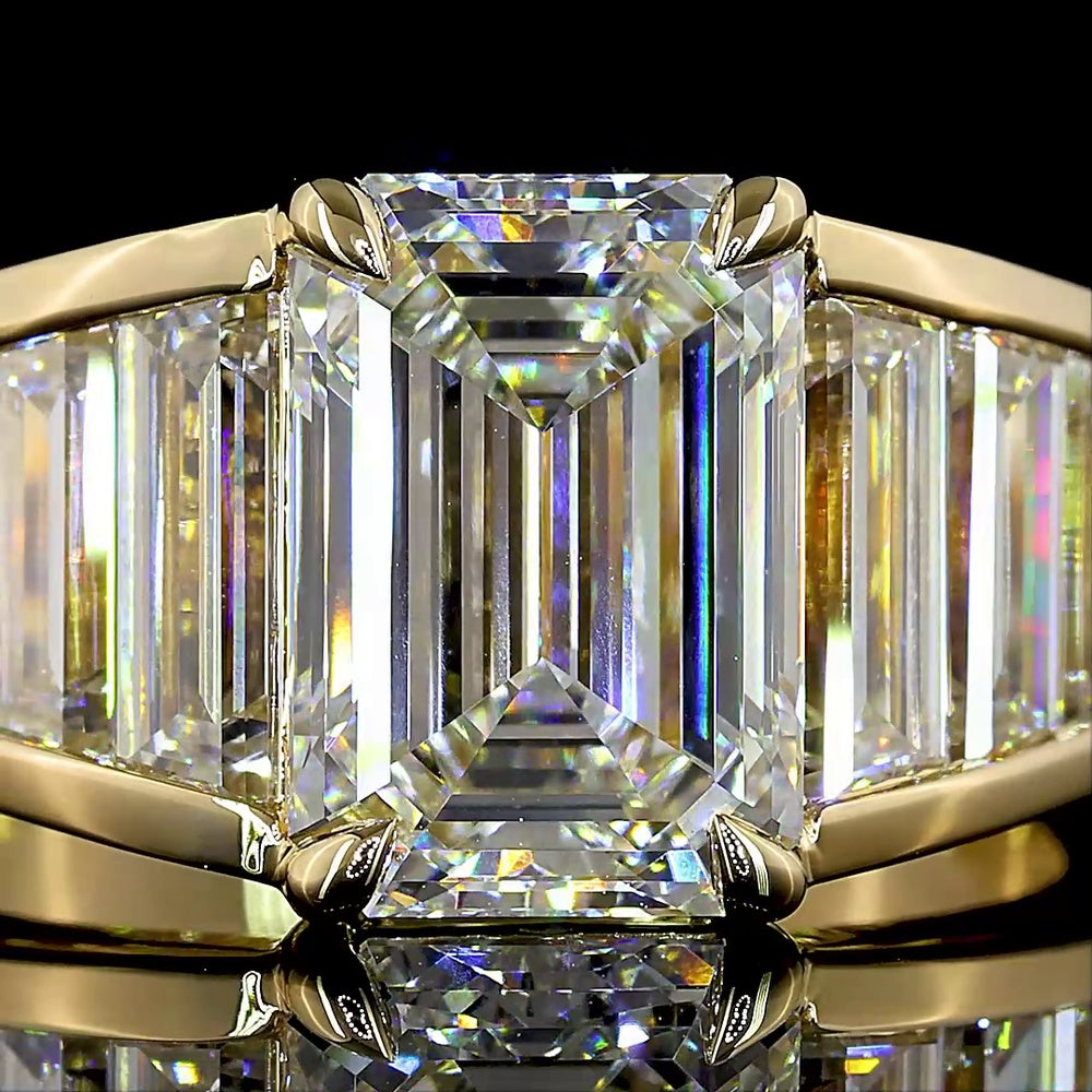 14K White Gold Emerald Cut North-South Ring with Baguette Diamond Accents - 5.82 Carats Total Diamond Weight (Lab Grown, IGI Certified) - Covaloro Fine Jewelry