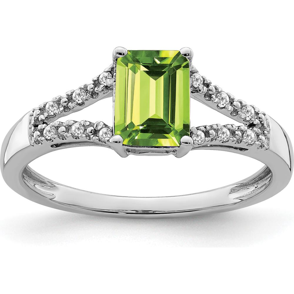 14K White Gold Emerald-cut Peridot and Diamond Ring - 1.08 Carat Total Gemstone Weight by 0
