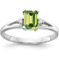 14K White Gold Emerald Cut Peridot and Round Diamond Ring with Rhodium Plating - 0.6 Carat Peridot, 0.012 Carat Diamond Total Weight by Monteluci Fine Jewelry