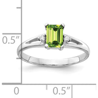 14K White Gold Emerald Cut Peridot and Round Diamond Ring with Rhodium Plating - 0.6 Carat Peridot, 0.012 Carat Diamond Total Weight by Monteluci Fine Jewelry