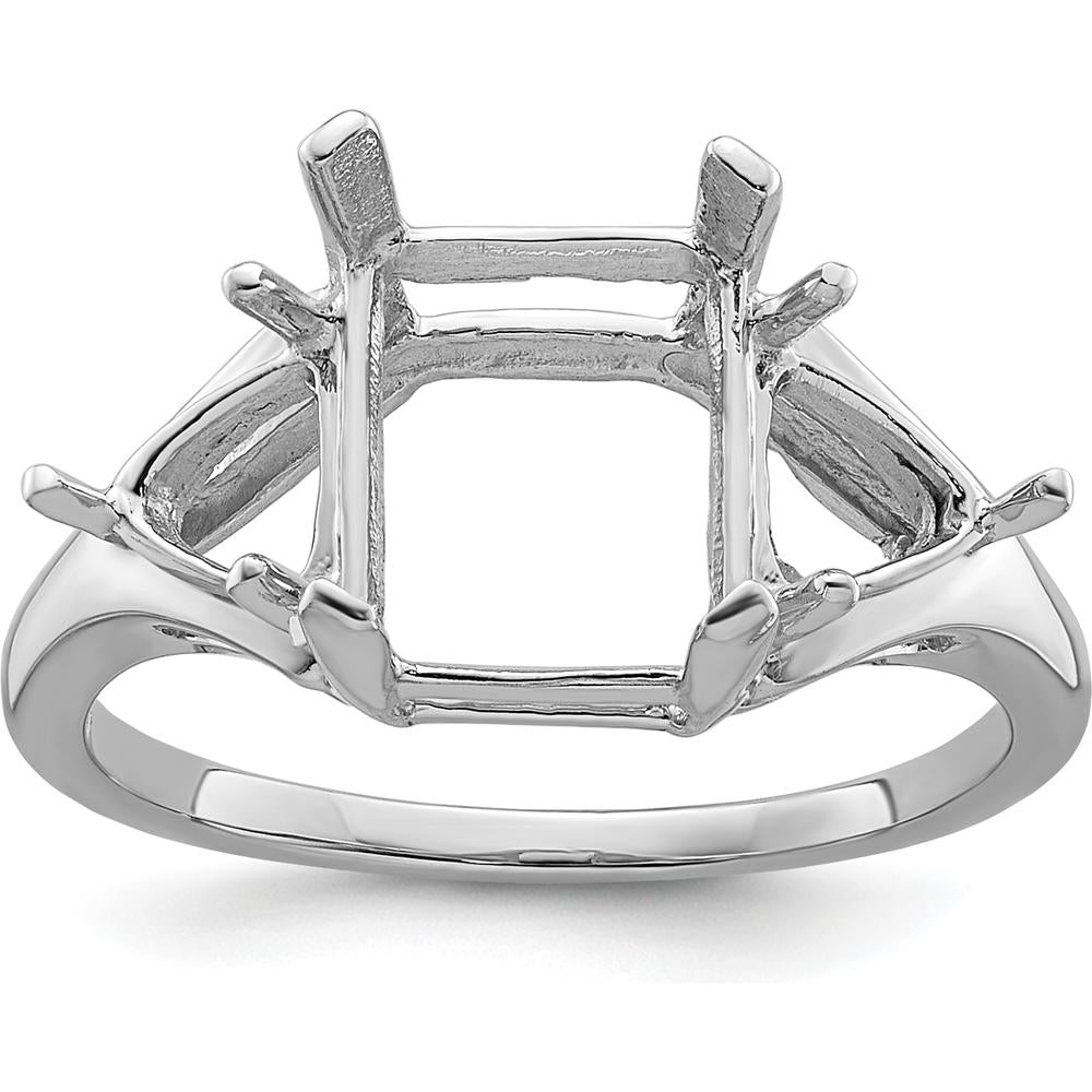 14K White Gold Emerald-Cut Ring Mounting with 9x7mm Center and 2 Trillion 5mm Side Gemstone Settings by Monteluci Fine Jewelry