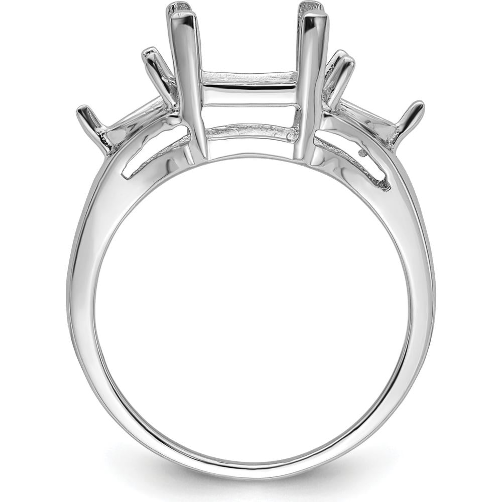 14K White Gold Emerald-Cut Ring Mounting with 9x7mm Center and 2 Trillion 5mm Side Gemstone Settings by Monteluci Fine Jewelry