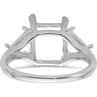 14K White Gold Emerald-Cut Ring Mounting with 9x7mm Center and 2 Trillion 5mm Side Gemstone Settings by Monteluci Fine Jewelry