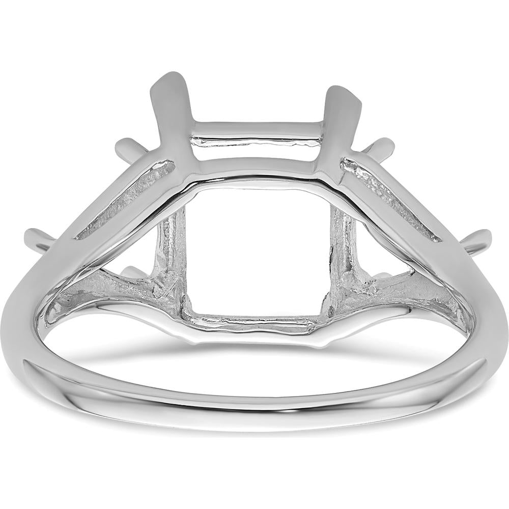 14K White Gold Emerald-Cut Ring Mounting with 9x7mm Center and 2 Trillion 5mm Side Gemstone Settings by Monteluci Fine Jewelry