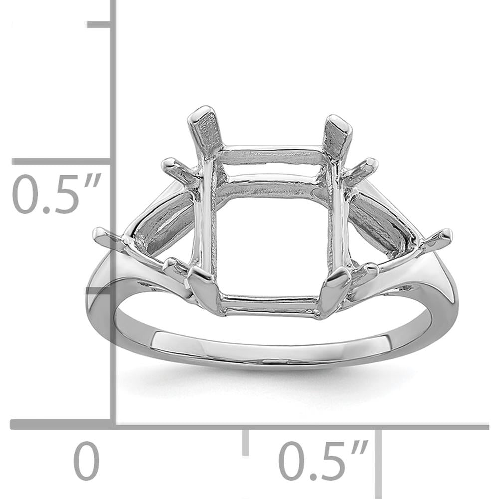 14K White Gold Emerald-Cut Ring Mounting with 9x7mm Center and 2 Trillion 5mm Side Gemstone Settings by Monteluci Fine Jewelry