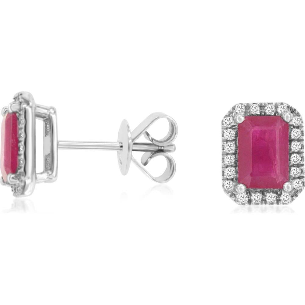 14K White Gold Emerald-Cut Ruby and Diamond Halo Stud Earrings with Milgrain Detail - 2.20 Carat Total Ruby Weight, 0.20 Carat Total Diamond Weight - Royal Jewelry