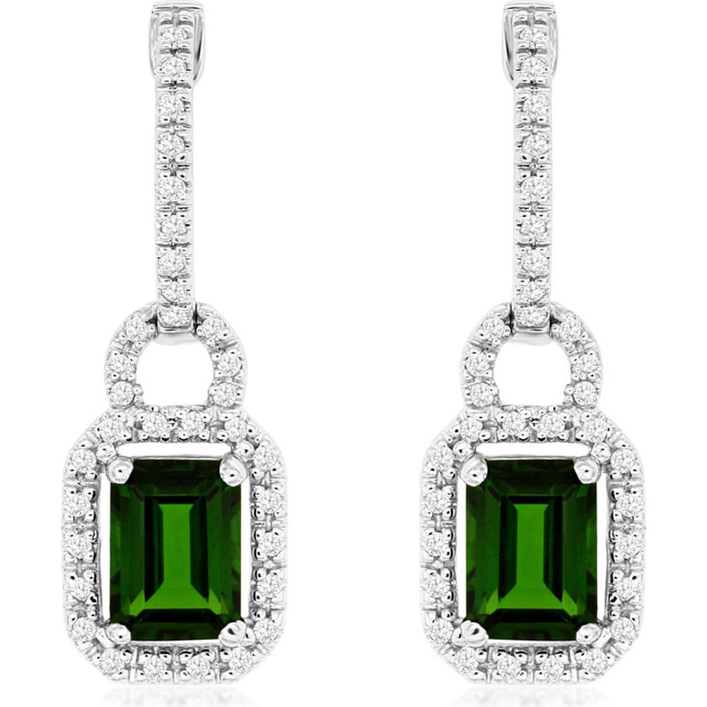 14K White Gold Emerald Cut Russalite and Diamond Halo Drop Earrings - 2.00 Carat Total Russalite Weight, 0.30 Carat Total Diamond Weight - Royal Jewelry