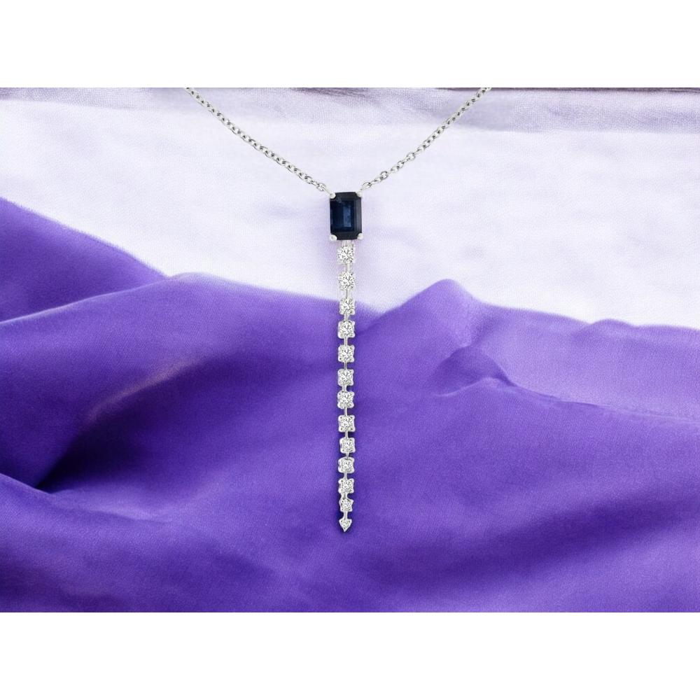 14K White Gold Emerald-Cut Sapphire and Diamond Drop Lariat Necklace - 0.60 Carat Sapphire and 0.27 Carat Total Diamond Weight - Royal Jewelry