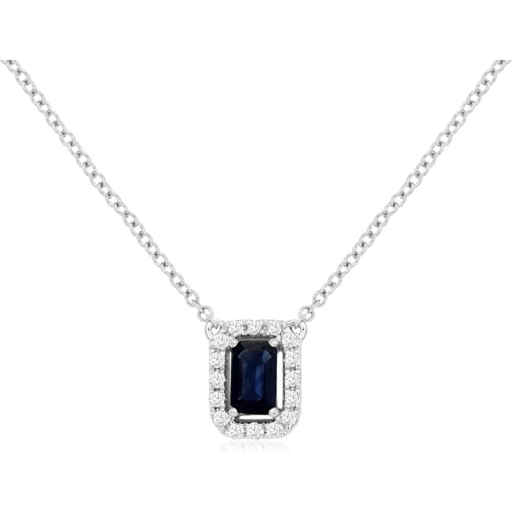 14K White Gold Emerald Cut Sapphire and Diamond Halo Necklace - 0.37 Carat Sapphire and 0.11 Carat Total Diamond Weight - Royal Jewelry