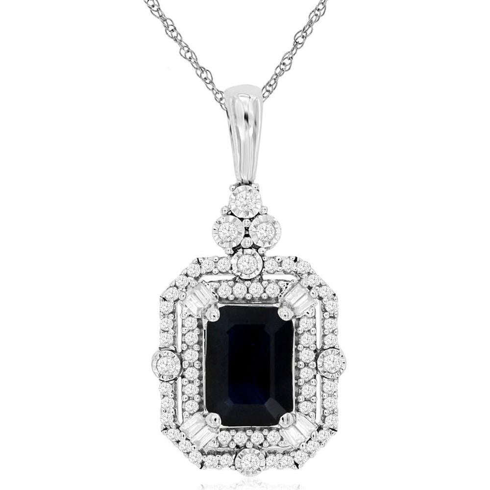 14K White Gold Emerald Cut Sapphire and Diamond Halo Pendant with Baguette Accents - 1.09 Carat Sapphire, 0.25 Carat Total Diamond Weight - Royal Jewelry
