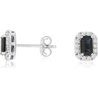 14K White Gold Emerald-Cut Sapphire & Diamond Halo Stud Earrings - 0.74 Carat Total Sapphire Weight & 0.20 Carat Total Diamond Weight - Royal Jewelry