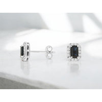 14K White Gold Emerald-Cut Sapphire & Diamond Halo Stud Earrings - 0.74 Carat Total Sapphire Weight & 0.20 Carat Total Diamond Weight - Royal Jewelry
