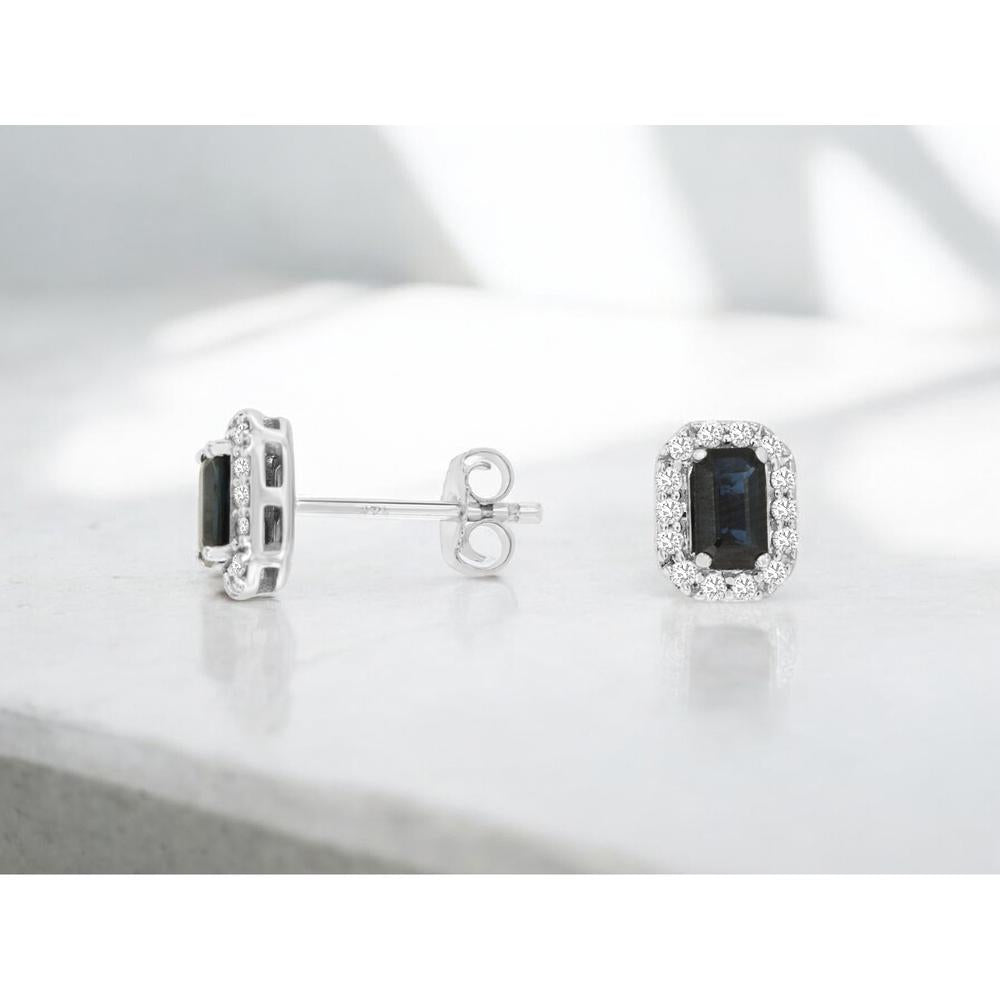 14K White Gold Emerald-Cut Sapphire & Diamond Halo Stud Earrings - 0.74 Carat Total Sapphire Weight & 0.20 Carat Total Diamond Weight - Royal Jewelry