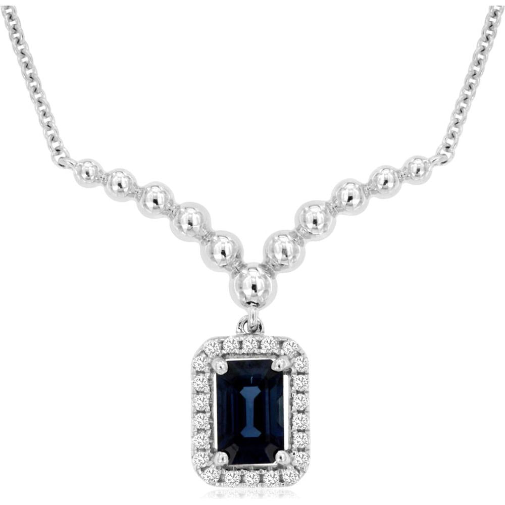 14K White Gold Emerald Cut Sapphire Pendant Necklace with Diamond Halo and Beaded Chain - 0.70 Carat Sapphire, 0.10 Carat Diamond Total Weight - Royal Jewelry