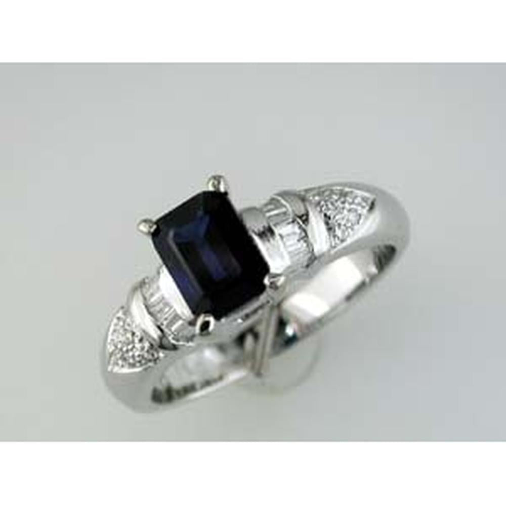 14K White Gold Emerald Cut Sapphire Ring with Baguette and Round Diamonds - 1.05 Carat Sapphire and 0.28 Carat Total Diamond Weight - Royal Jewelry