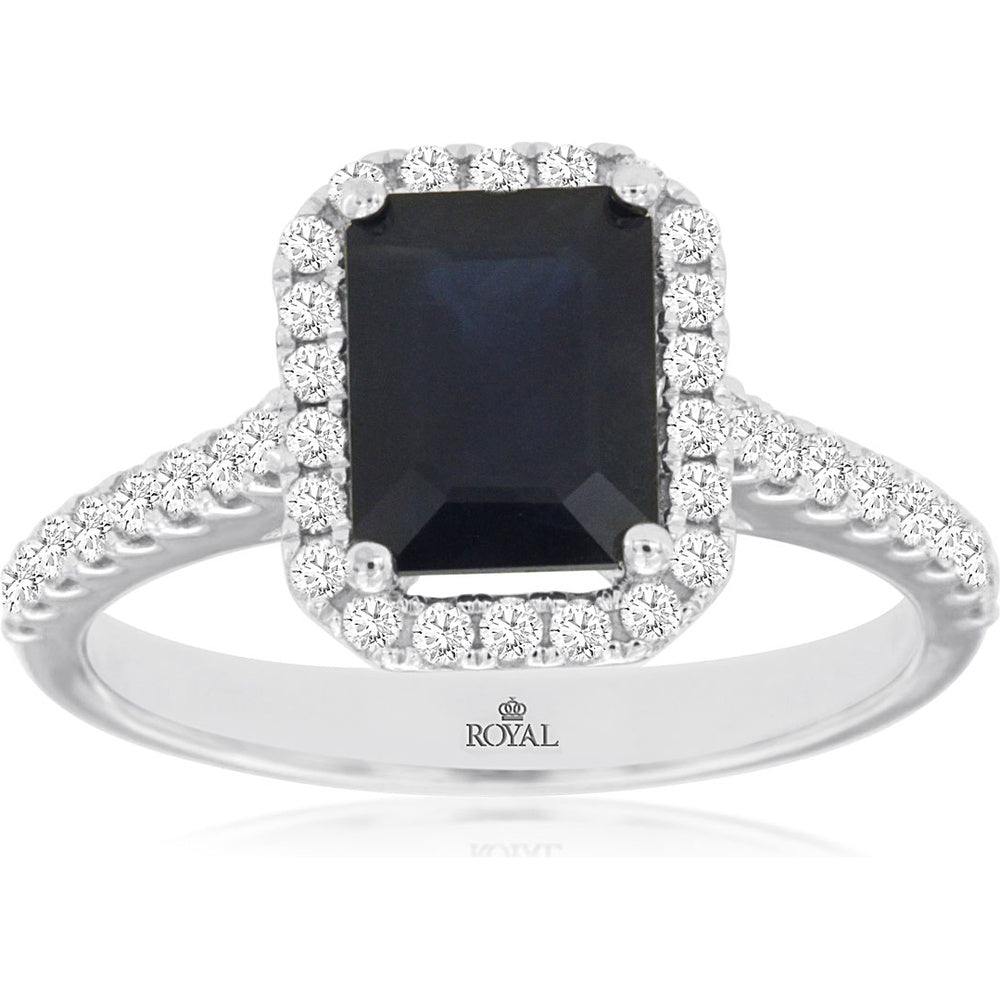 14K White Gold Emerald-Cut Sapphire Ring with Diamond Halo - 1.85 Carat Sapphire and 0.45 Carat Total Diamond Weight - Royal Jewelry