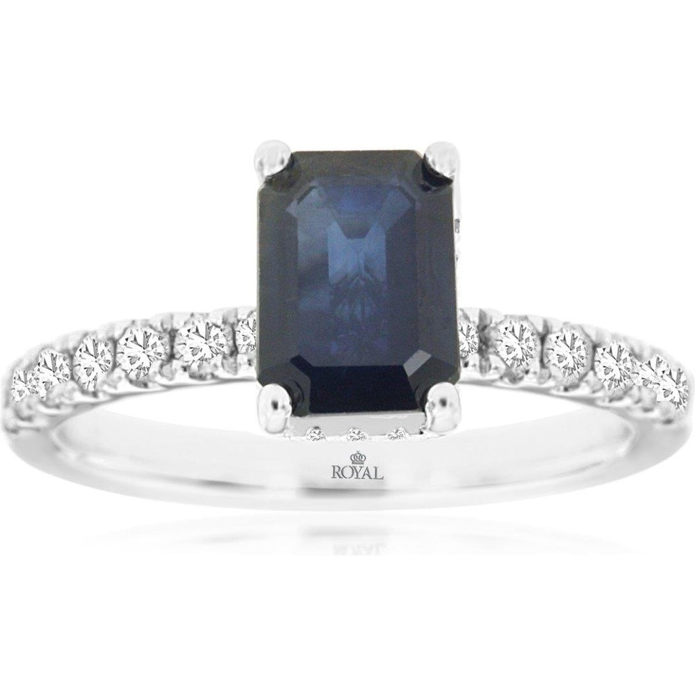 14K White Gold Emerald-Cut Sapphire Ring with Round Diamond Accents - 1.85 Carat Sapphire and 0.50 Carat Total Diamond Weight - Royal Jewelry