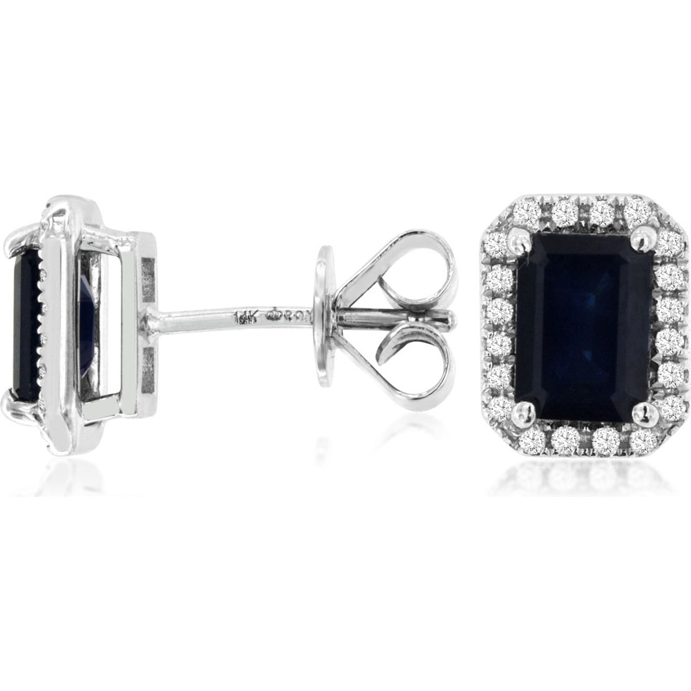 14K White Gold Emerald-Cut Sapphire Stud Earrings with Round Diamond Halo - 2.18 Carat Total Sapphire Weight and 0.20 Carat Total Diamond Weight - Royal Jewelry