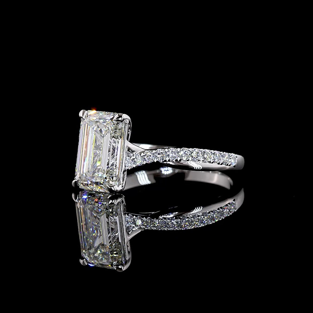 14K White Gold Emerald Cut Solitaire Ring with Diamond Pavé Shank - 2.77 Carats Total Diamond Weight (2.53 Carats Center, F VVS2 Lab Diamond, IGI Certified) - Covaloro Fine Jewelry