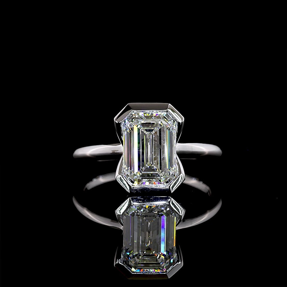 14K White Gold Emerald Cut Solitaire Ring with Half Bezel Setting - 2.66 Carat Lab Diamond (E-F VVS1) IGI Certified - Covaloro Fine Jewelry