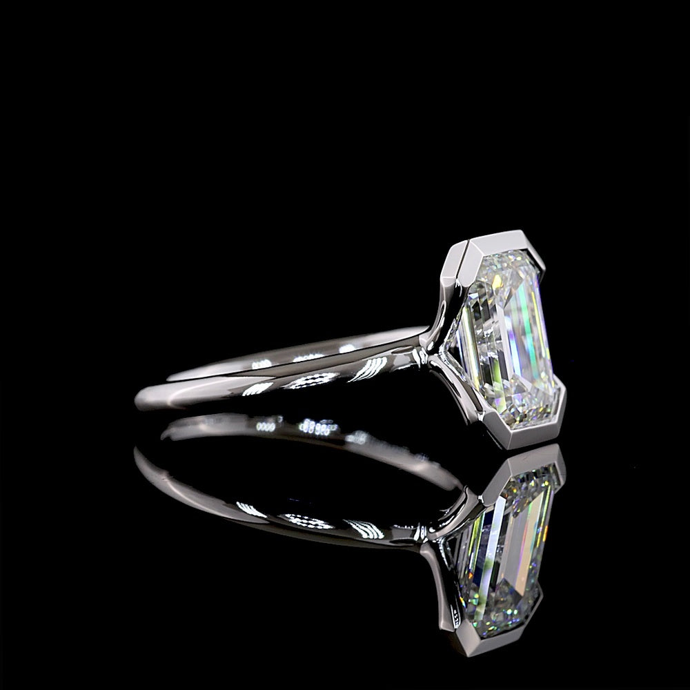 14K White Gold Emerald Cut Solitaire Ring with Half Bezel Setting - 2.66 Carat Lab Diamond (E-F VVS1) IGI Certified - Covaloro Fine Jewelry