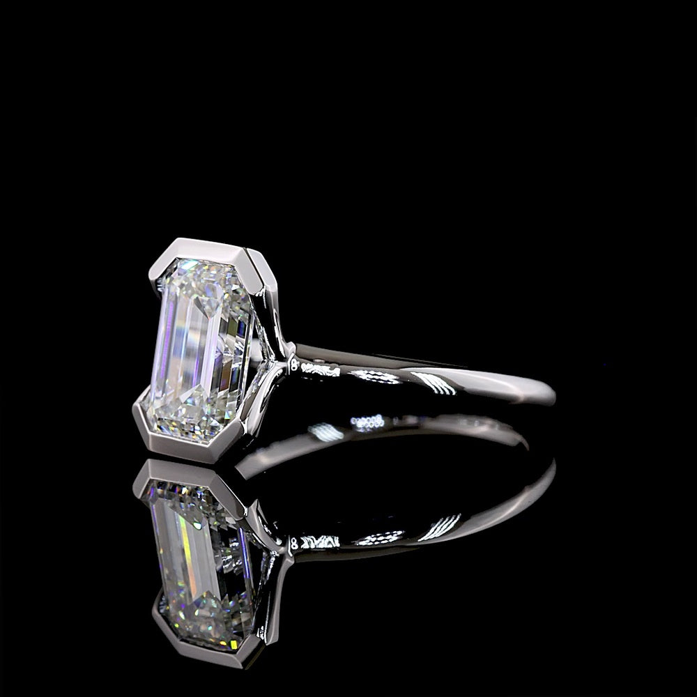 14K White Gold Emerald Cut Solitaire Ring with Half Bezel Setting - 2.66 Carat Lab Diamond (E-F VVS1) IGI Certified - Covaloro Fine Jewelry