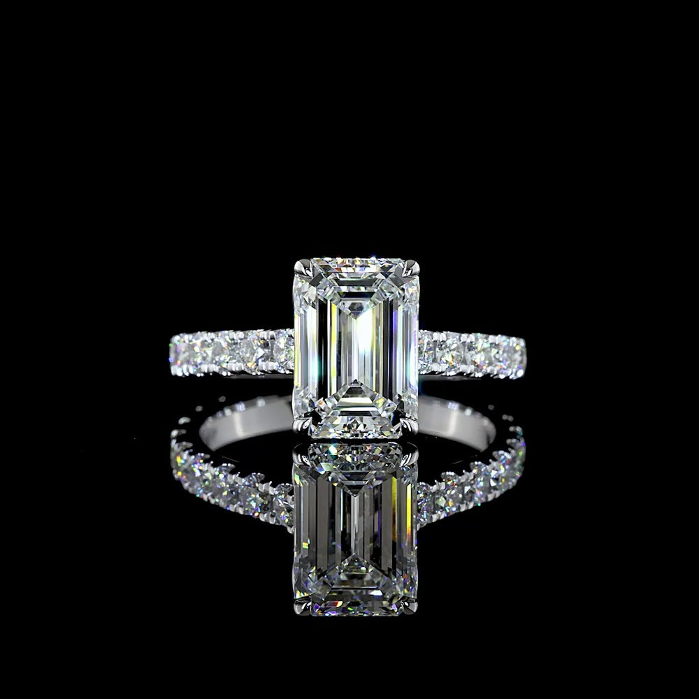 14K White Gold Emerald Cut Solitaire Shank Ring with Lab Diamonds - 3.89 Carat Total Diamond Weight (3.02 Carat Center E VVS2) - Covaloro Fine Jewelry