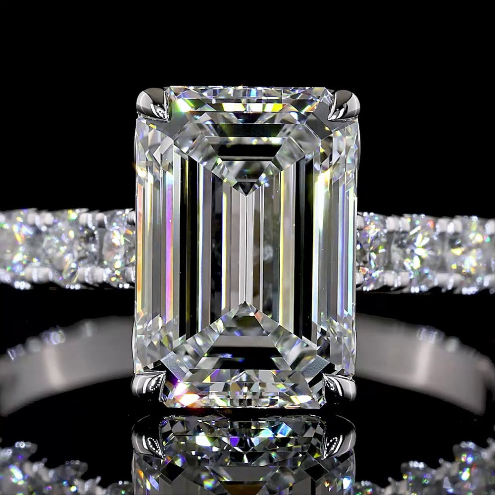 14K White Gold Emerald Cut Solitaire Shank Ring with Lab Diamonds - 3.89 Carat Total Diamond Weight (3.02 Carat Center E VVS2) - Covaloro Fine Jewelry