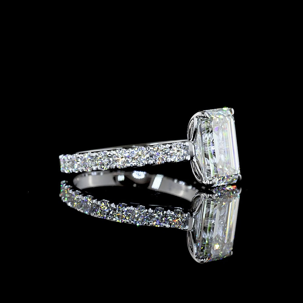 14K White Gold Emerald Cut Solitaire Shank Ring with Lab Diamonds - 3.89 Carat Total Diamond Weight (3.02 Carat Center E VVS2) - Covaloro Fine Jewelry