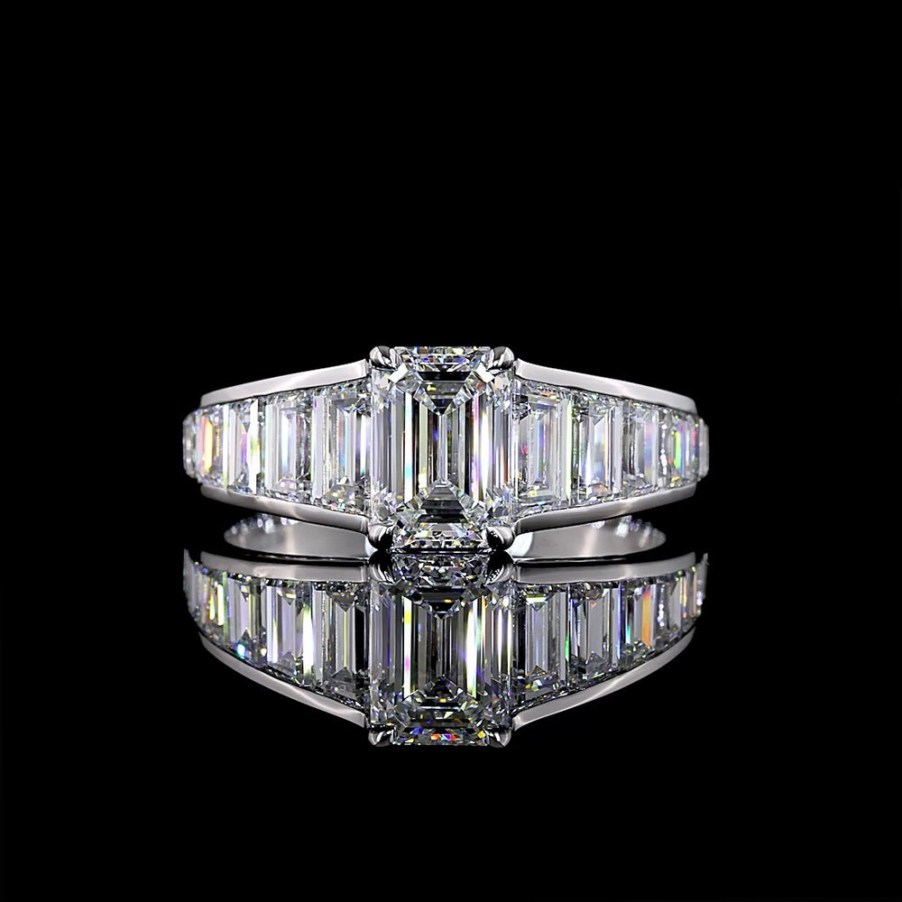 14K White Gold Emerald Cut Special Ring with Baguette Diamond Side Stones - 2.98 Carat Total Weight Lab Grown Diamonds (E VVS2 Center) - Covaloro Fine Jewelry