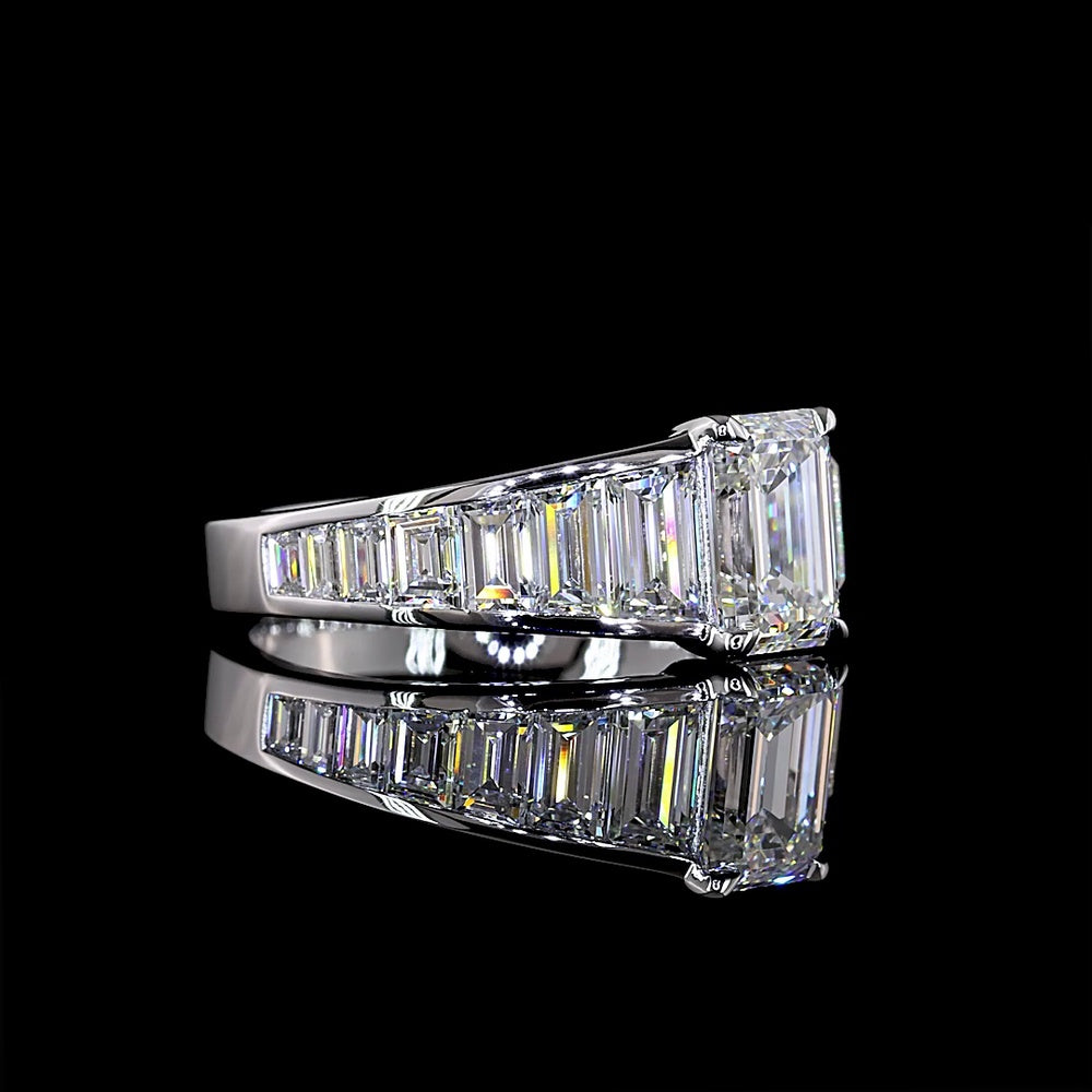 14K White Gold Emerald Cut Special Ring with Baguette Diamond Side Stones - 2.98 Carat Total Weight Lab Grown Diamonds (E VVS2 Center) - Covaloro Fine Jewelry