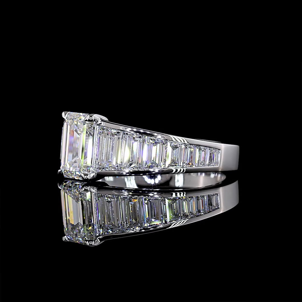 14K White Gold Emerald Cut Special Ring with Baguette Diamond Side Stones - 2.98 Carat Total Weight Lab Grown Diamonds (E VVS2 Center) - Covaloro Fine Jewelry