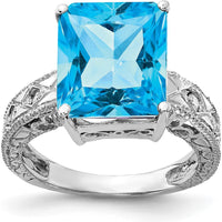 14K White Gold Emerald-Cut Swiss Blue Topaz and Diamond Filigree Ring - 7.52 Carat Total Gem Weight by Monteluci Fine Jewelry