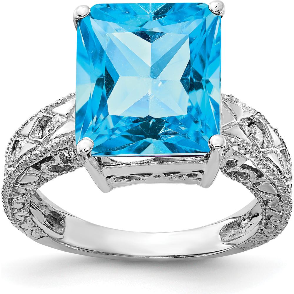14K White Gold Emerald-Cut Swiss Blue Topaz and Diamond Filigree Ring - 7.52 Carat Total Gem Weight by Monteluci Fine Jewelry