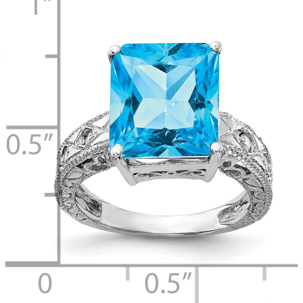 14K White Gold Emerald-Cut Swiss Blue Topaz and Diamond Filigree Ring - 7.52 Carat Total Gem Weight by Monteluci Fine Jewelry