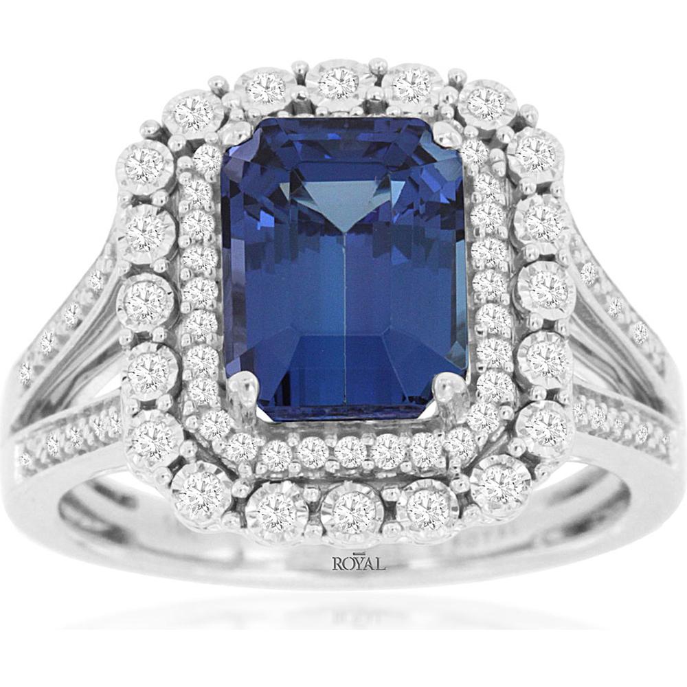 14K White Gold Emerald Cut Tanzanite & Diamond Halo Ring - 2.7 Carat Tanzanite and 0.33 Carat Total Diamond Weight - Royal Jewelry