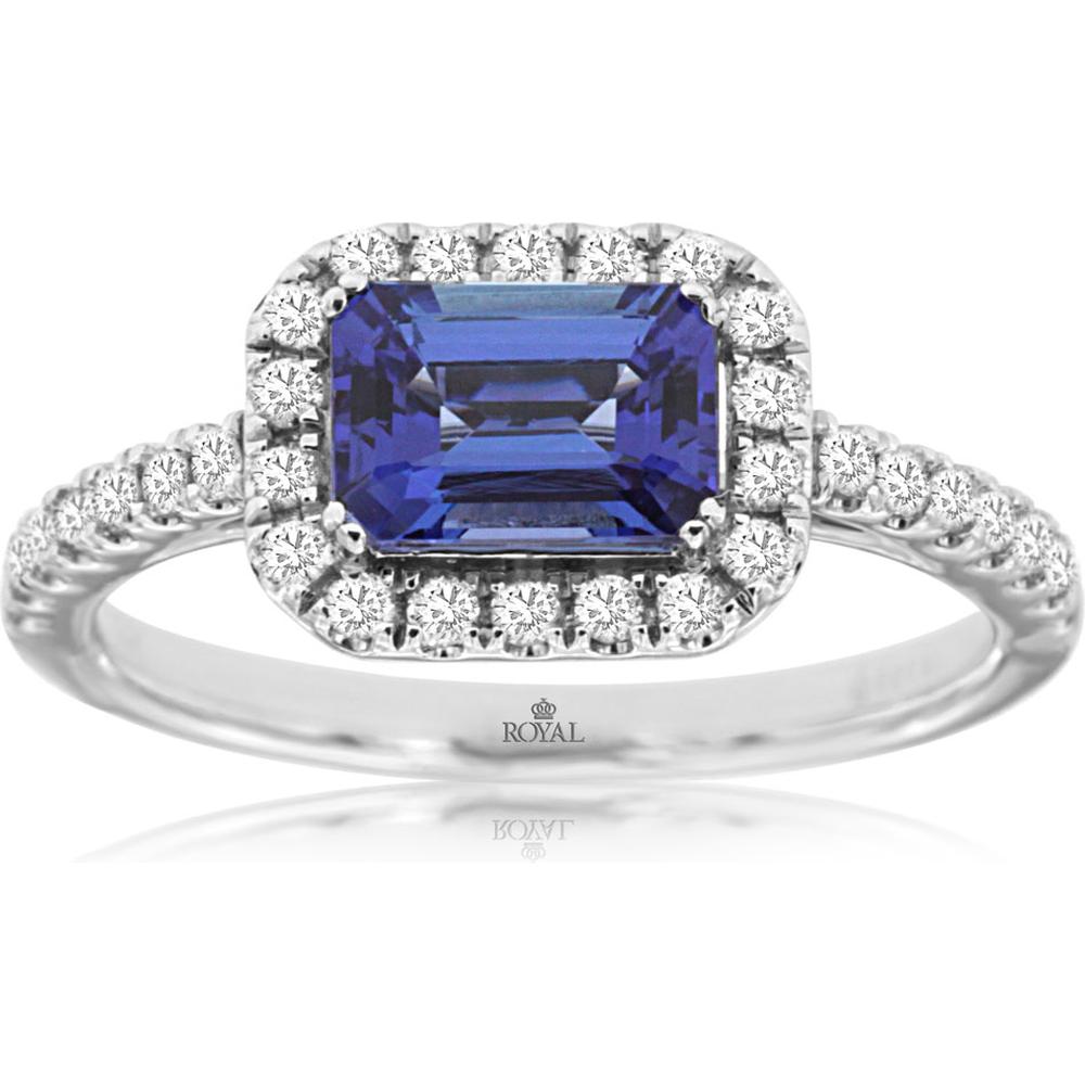14K White Gold Emerald Cut Tanzanite and Diamond Halo Ring with Diamond Accented Band - 1.15 Carat Tanzanite and 0.33 Carat Total Diamond Weight - Royal Jewelry